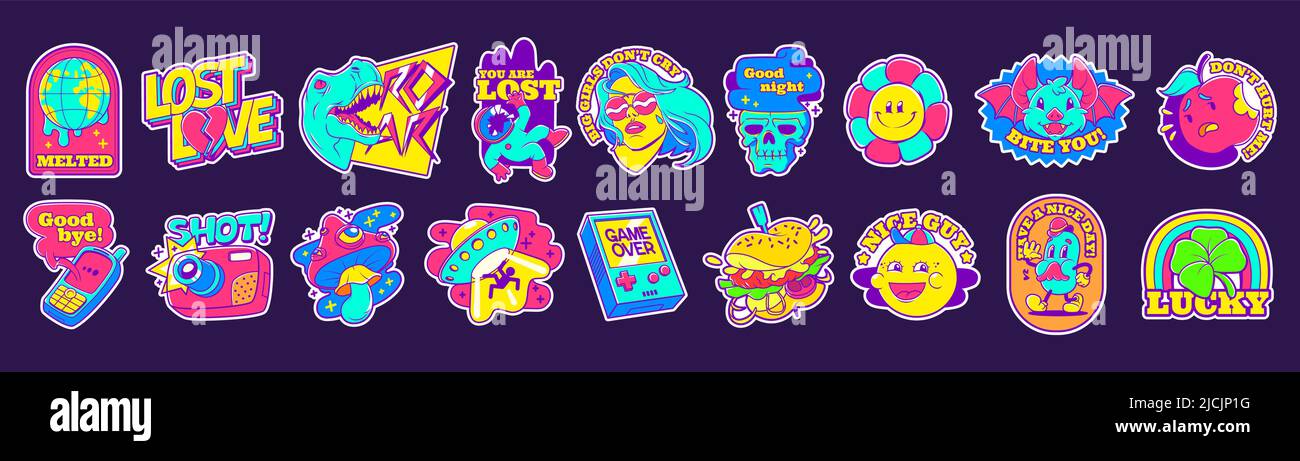 Retro Aufkleber mit ufo, Pilz, Kamera, Dinosaurier und Blume. Badges in trendigem, zeitgemäßem Design. Vector Cartoon Satz von Comic-Patches mit Mädchen, Hamburger und Apfel Stock Vektor