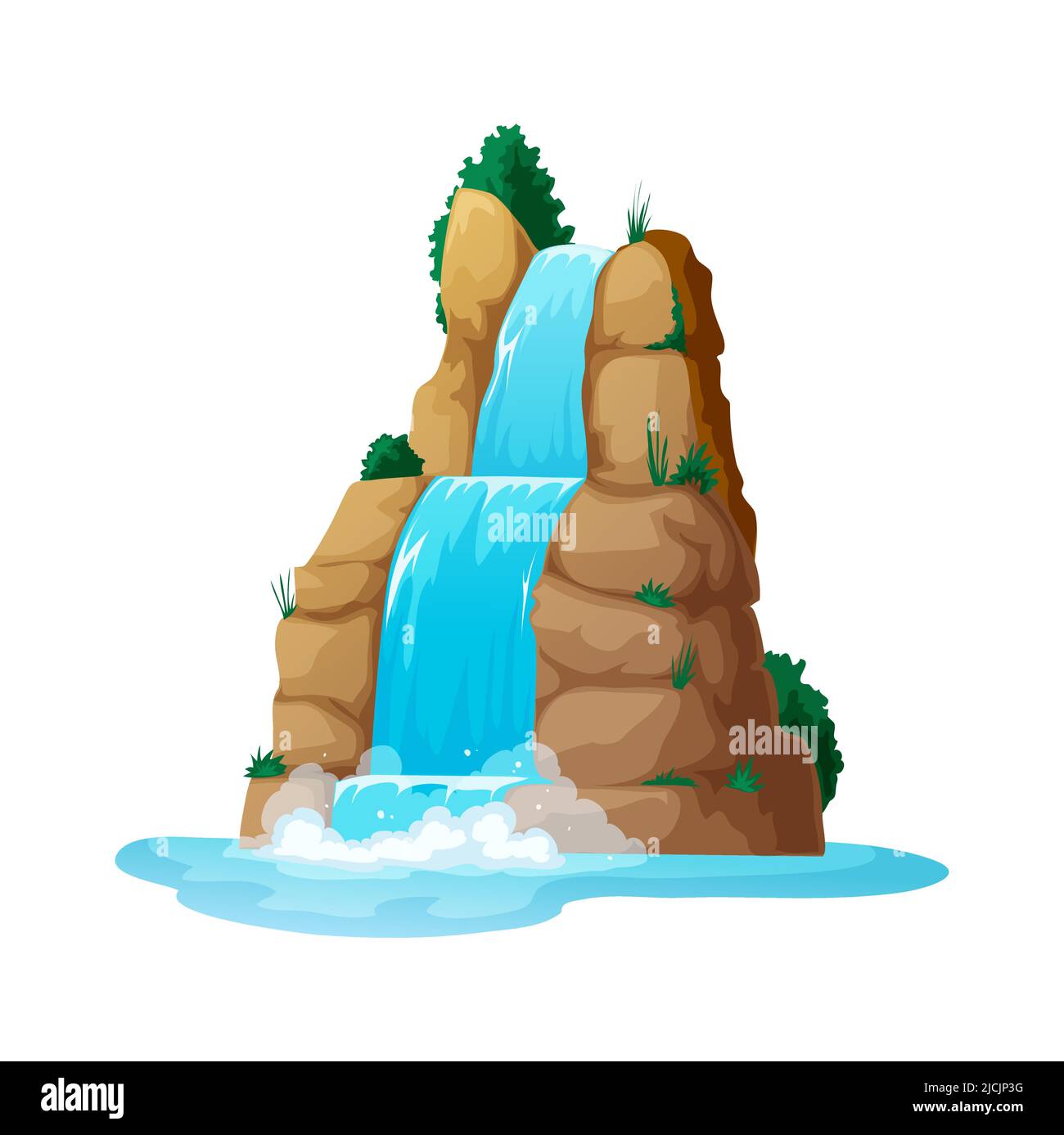 Fluss fällt von der Klippe, Streaming Wasserfall Spiel Asset Element. Vektor-Spritzwasser aus felsigen Hügeln, tropisches Wasser Kaskade Landschaft Landschaft Stock Vektor