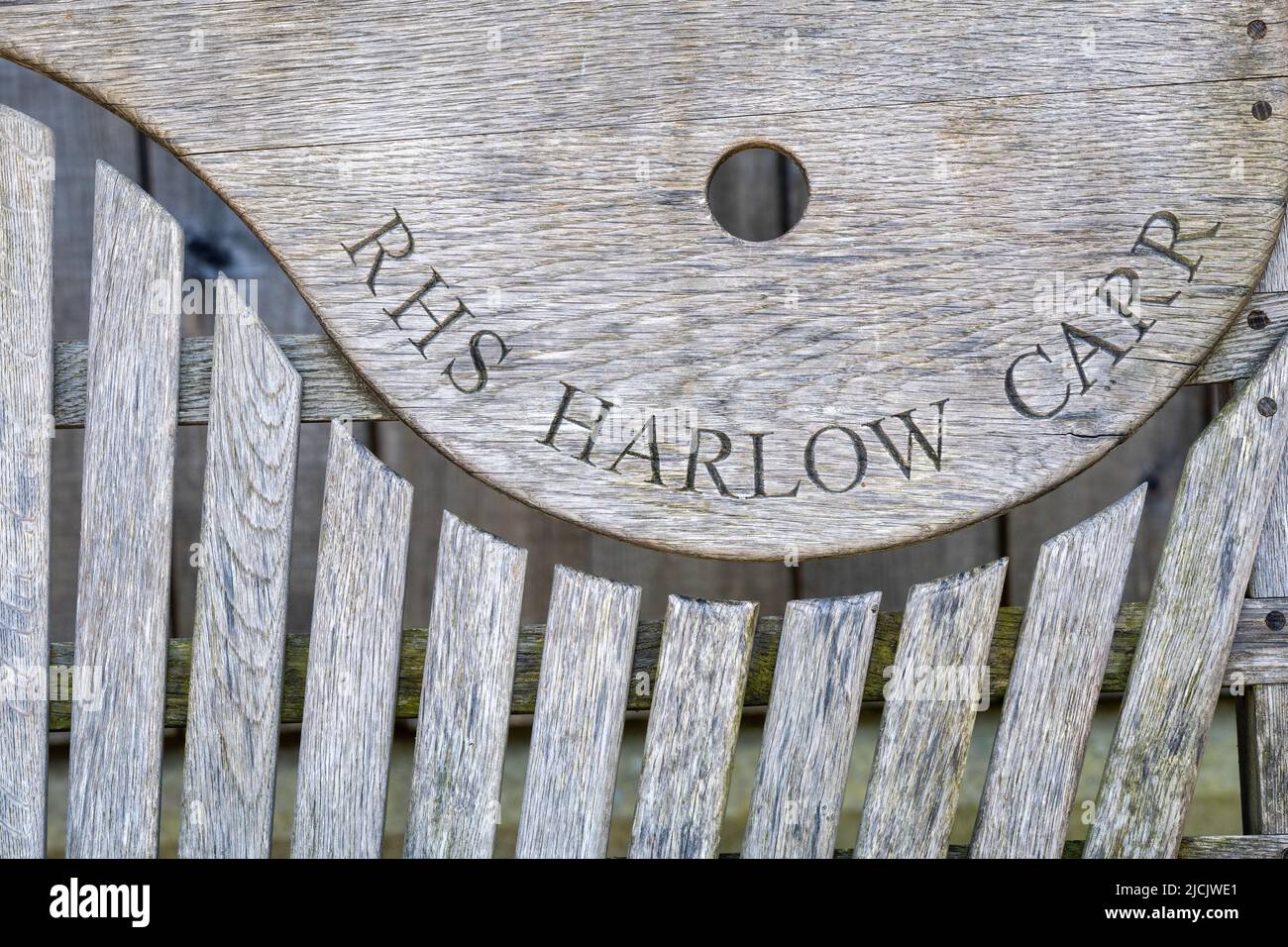 RHS Harlow Carr in einen Holzsitz geschnitzt. Harrogate. England Stockfoto