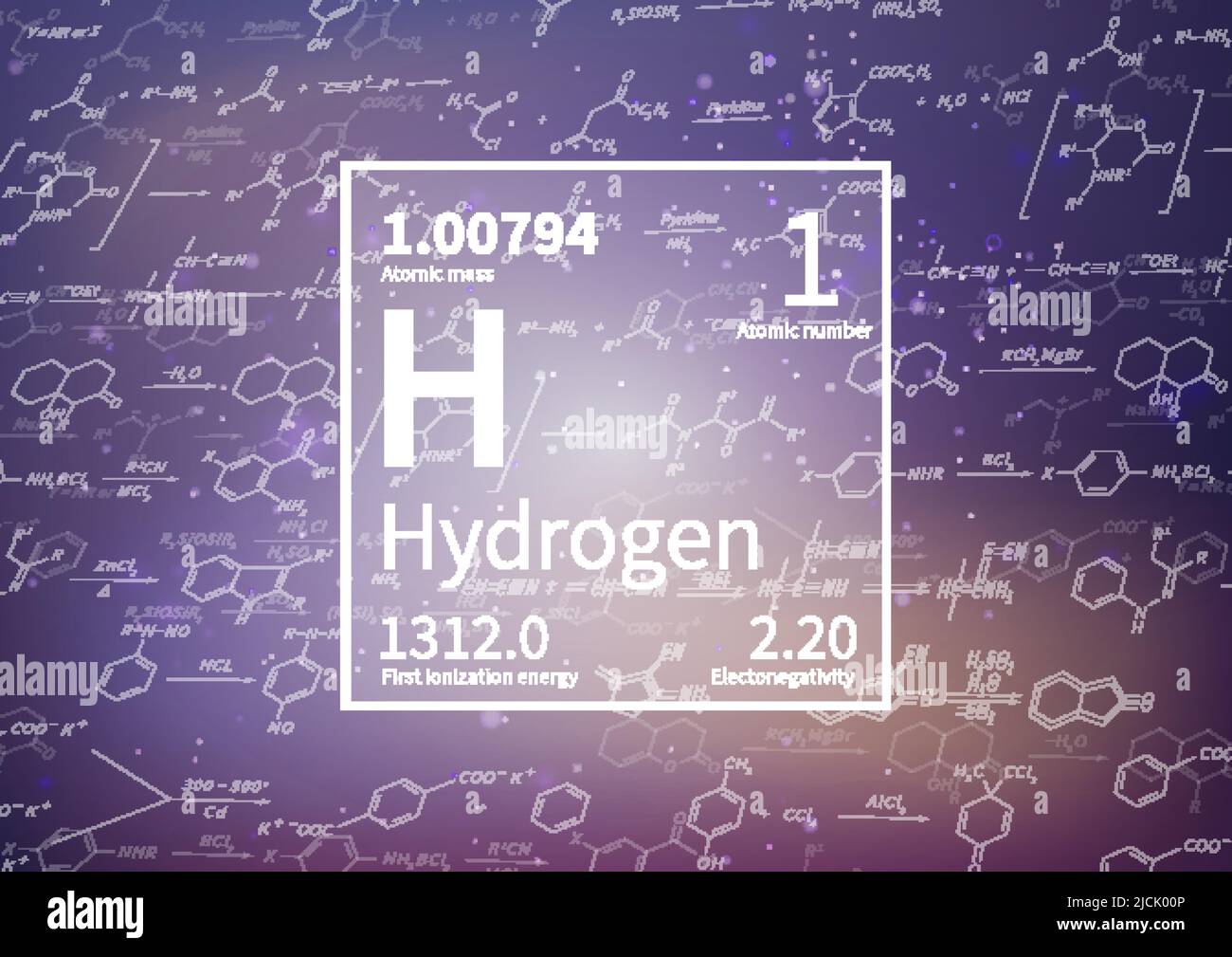 Chemisches Wasserstoffelement mit erster Ionisationsenergie, atomarer Masse und Elektronegativität auf wissenschaftlichem Hintergrund Stock Vektor
