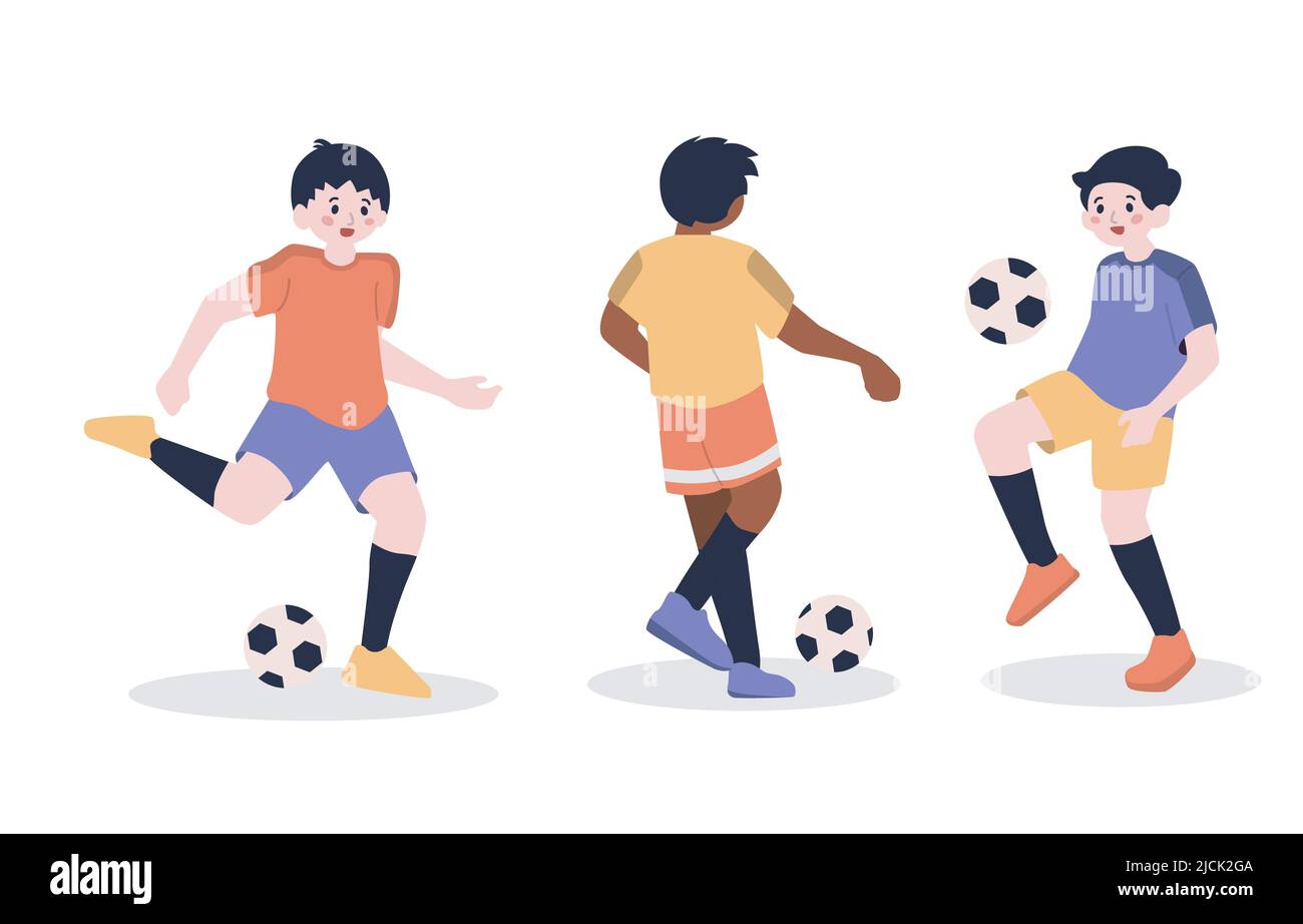 Junge Spielt Fußball Fußballspieler Sport Charakter Isoliert Stock Vektor