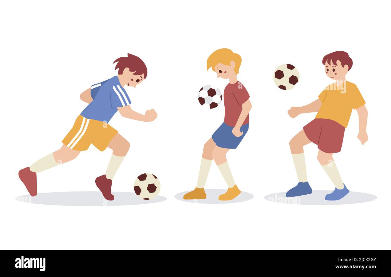 Junge Spielt Fußball Fußballspieler Sport Charakter Isoliert Stock Vektor