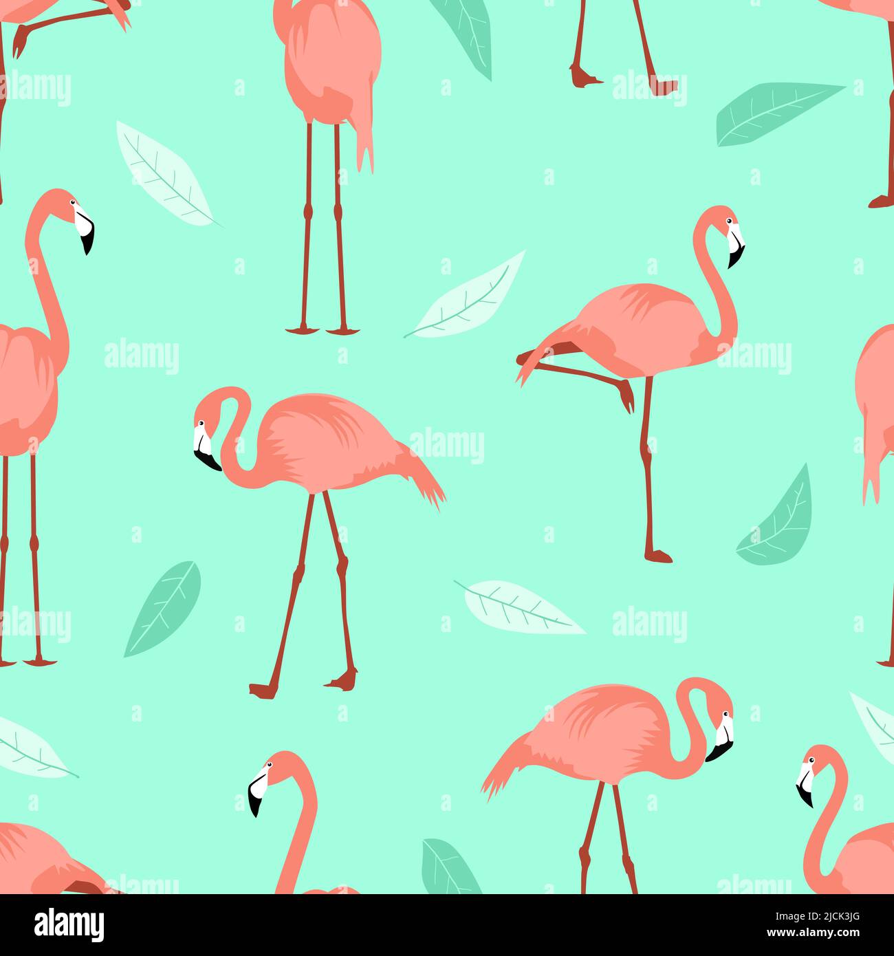 Nahtlose Sommer Muster Flamingo türkis Laub Hintergrund. Exotische Watvögel verschiedene Posen. Seitenansicht Flamingos für Abdeckung Kinder Kulissen Krankenschwester Stock Vektor