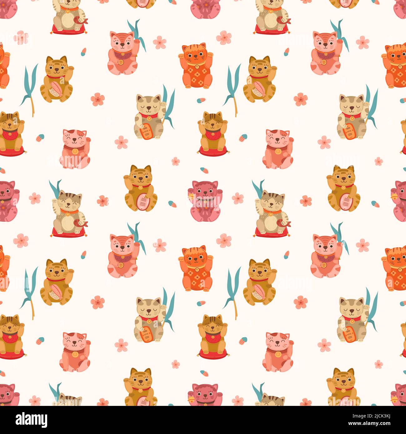 Niedliche Neko Katze und Sakura Blumen Hintergrund. Japan Katzen, asiatische Cartoon-Symbole Stoffdruck. Kindisch Stil Hintergrund, Vektor nahtlose Muster Stock Vektor