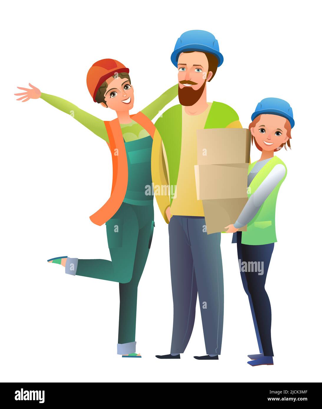Mann und Frau und Kind Tochter Baumeister in Weste und Schutzhelm. Fröhliche Person. Stehende Pose. Flaches Design im Comic-Stil. Einzeln Stock Vektor