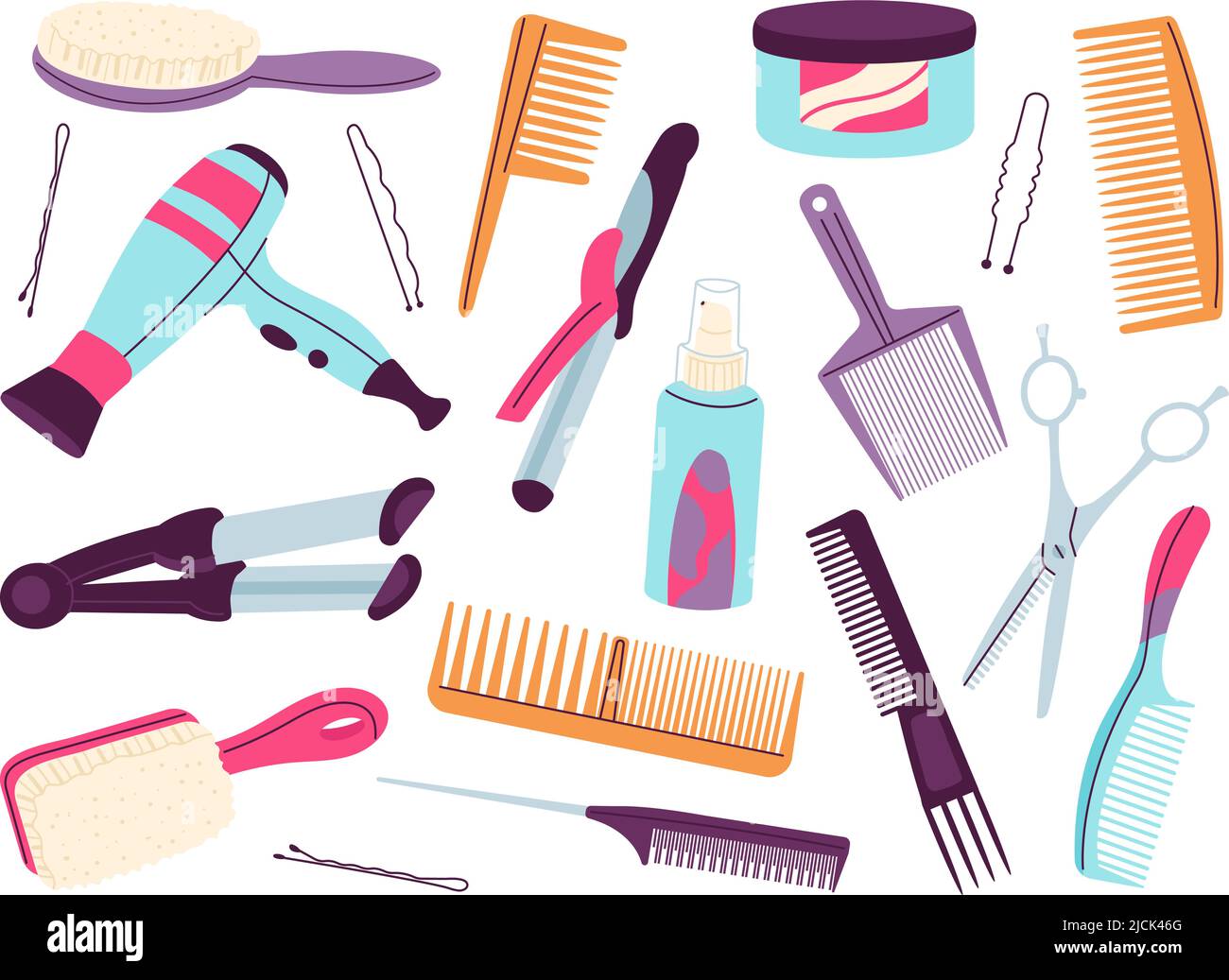 Cartoon-Haarwerkzeuge. Friseurausrüstung und Zubehör, Schneiden und Kosmetik professionelle Elemente. Kammaufsatz, Barber anständige Vektor-Elemente Stock Vektor