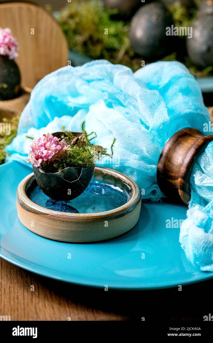 Ostertisch mit leeren, türkisfarbenen Keramikplatten, verziert mit Waldmoos, schwarzen Ostereiern und rosa Frühlingsblumen auf einem Holztisch. Stockfoto