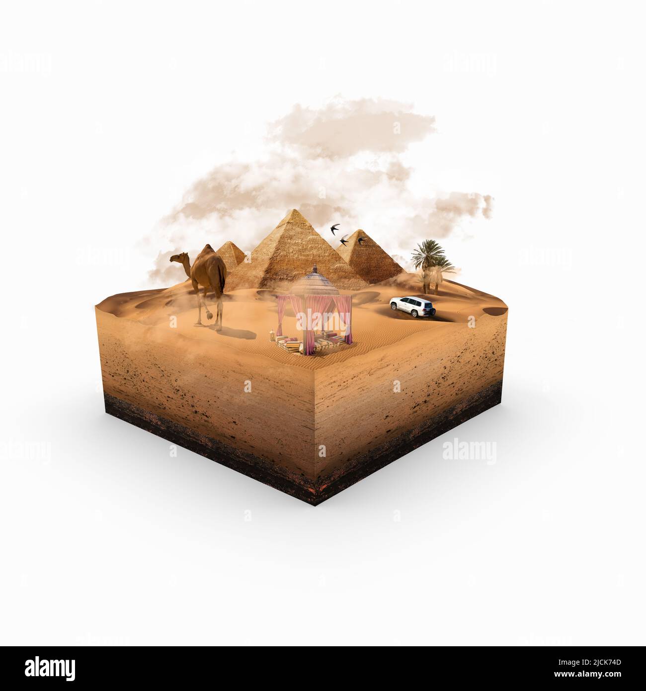 Manipulation von Desert 3D-Boxen. Kamel- und Autofahren in der Wüste. Pyramiden. Schneller Vogel. Wüstenzelt. 3D Abbildung. Isometrisches 3D-Design. Stockfoto