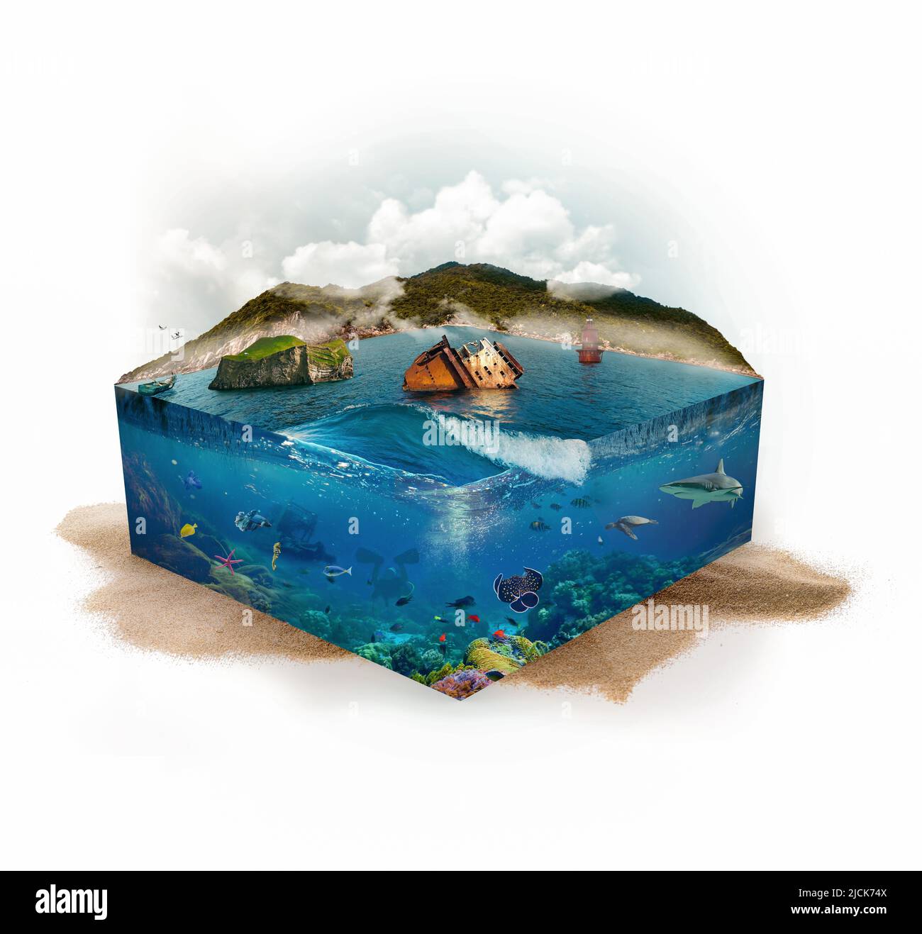 Unter Wasser und über Wasser. Berg, Boot, Fisch Leuchtturm, Wal, Stachelrochen, Schildkröte, Seesterne. Unterwasserwelt und Oberflächenleben. 3D Abbildung. Stockfoto