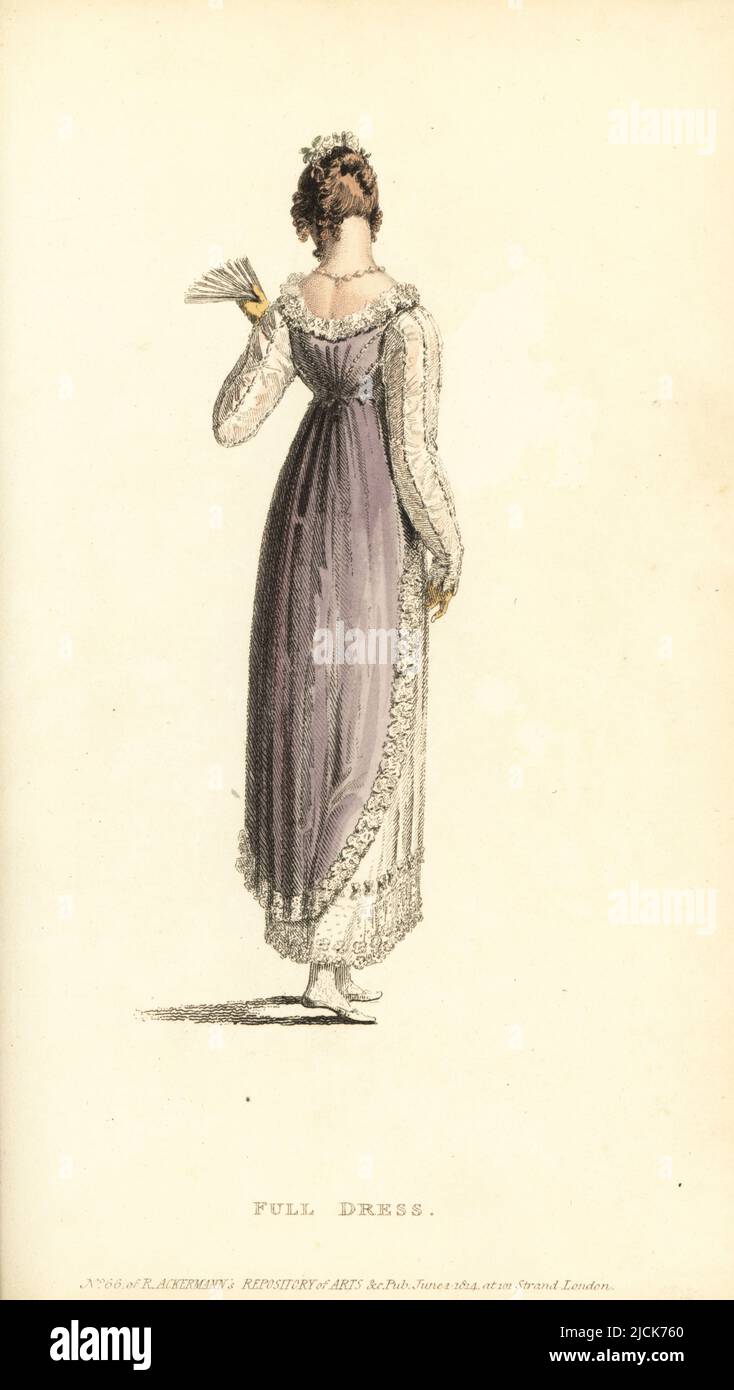 Modische Regency-Frau in weißem Satinschlüpfer mit Volant aus französischer blonder Spitze, kurze Tunika aus Primrose-Gaze mit weißem Satinstampfer, Vol. 11, Teller 37, I. Juni 1814. Entworfen von Mrs Charlotte Bean von der Albemarle Street. Handkolorierter Kupferstich von Thomas Uwins aus Rudolph Ackermanns Repository of Arts, Strand, London. Stockfoto