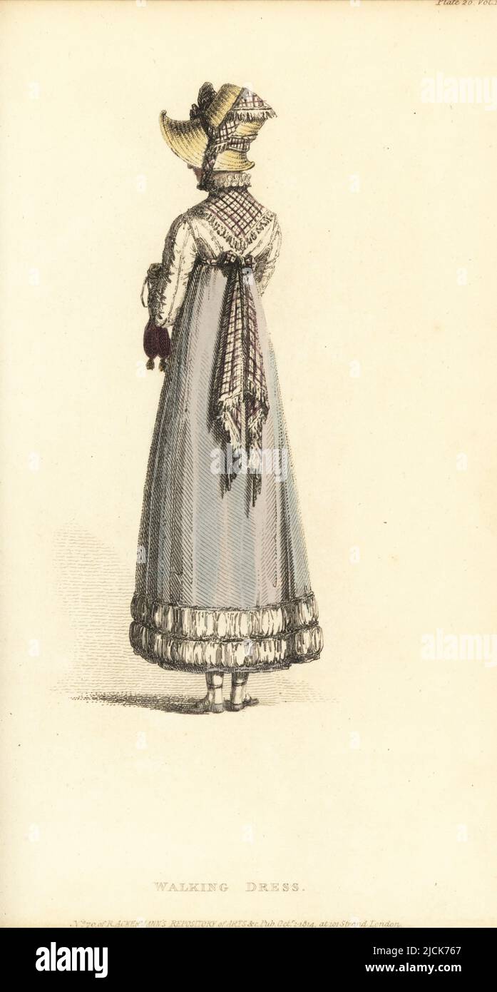 Regency Frau im Wanderkleid aus französischem Sarsnet Petticoat, hohem Körper aus Jaconot-Musselin, Seidenkräusel, Seidennetz-Taschentuch-Schärpe, Shipton-Strohhaube, Handschuhen und Sandalen. Vol. 12, Platte 20, 1. Oktober 1814. Handkolorierter Kupferstich von Thomas Uwins aus Rudolph Ackermanns Repository of Arts, Strand, London. Stockfoto