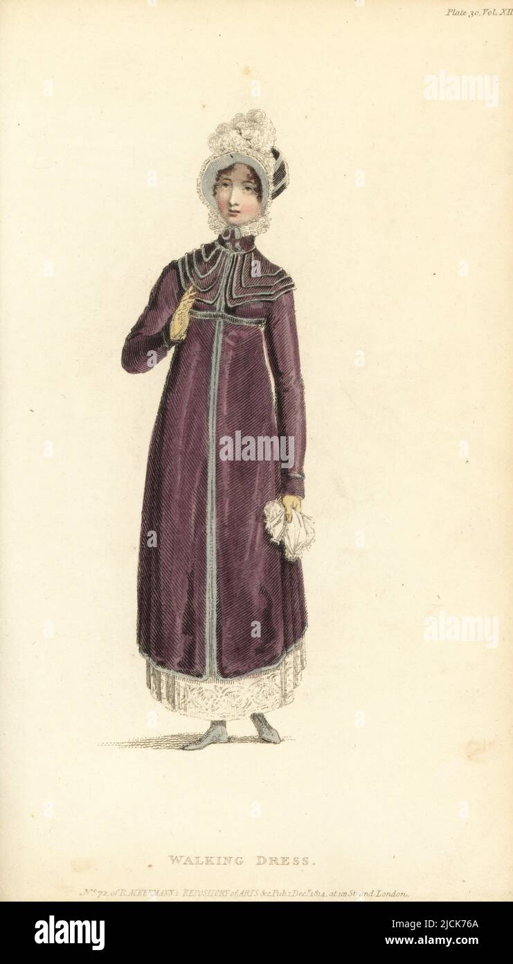 Regency Frau im Wanderkleid. In Puce Erminette Pelisse mit breiter weißer Spitzenbordüre, voller Spitzenruff, samtiger spanischer Hut mit gefräster Spitze, halben Stiefeln und braunen Handschuhen. Vol. 12, Platte 30, 1. Dezember 1814. Handkolorierter Kupferstich von Thomas Uwins aus Rudolph Ackermanns Repository of Arts, Strand, London. Stockfoto
