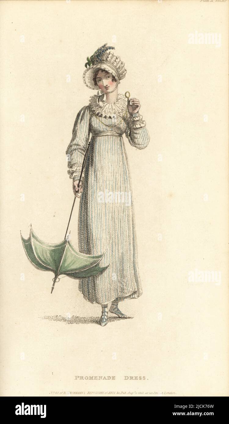 Regency Frau im Promenadenkleid mit Lorgnette. Hohes Kleid aus satingestreiftem Sarsnet in himmlischem Blau und Weiß, französischer Spitzenruff, französischer Haube von tull, Satinschnüren, Seidenschirm. Vol. 14, Platte 11, 1. August 1815. Handkolorierter Kupferstich von Thomas Uwins aus Rudolph Ackermanns Repository of Arts, Strand, London. Stockfoto