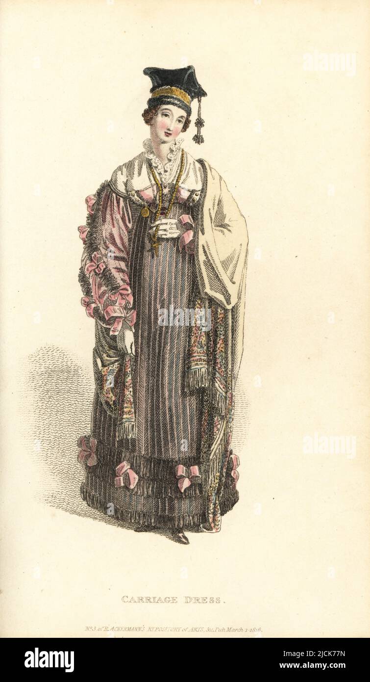 Regency Frau in Kutschenkleid und polnischer Mütze. Kleid aus Jaconot-Musselin mit Spitzenfransen und rosa Bändern, französischem Schal, schwarzer polnischer Samtmütze mit seidenfarbener Quaste und goldenem Band, französischer Uhr, goldenem Rosenkranz. Entworfen von Mrs Elizabeth Gill von Cork Street; Burlington Gardens. Serie 2, Vol. 1, Plate 17, 1. März 1816. Handkolorierter Kupferstich von Thomas Uwins aus Rudolph Ackermanns Repository of Arts, Strand, London. Stockfoto