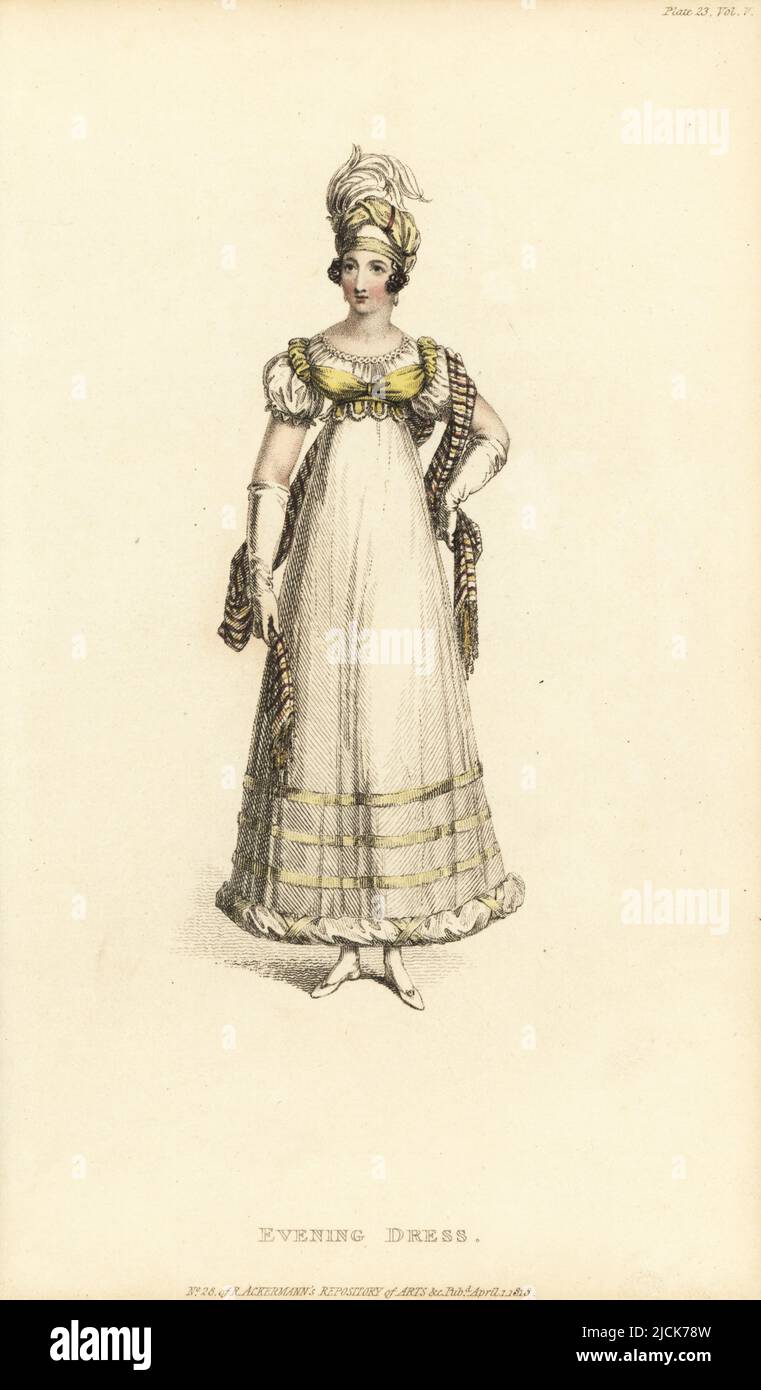 Regency Dame in Abendkleid und Cambridge Haube. Weißes Gaze-Rundkleid mit Satin rouleau, Oberteil aus Zitronensatin mit Schulterklappen, schwanzloser Haube mit Paradiesvogelfahne, karierter Schal. Vol. 5. Platte 23, 1. April 1818. Handkolorierter Kupferstich von Thomas Uwins aus Rudolph Ackermanns Repository of Arts, Strand, London. Stockfoto