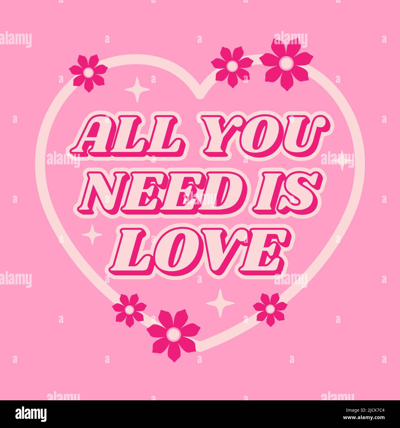 Alles, was Sie brauchen, ist Liebe Inschrift mit Herz und Blumen. Retro 70s grooviger Style. Vektorgrafik. Stock Vektor