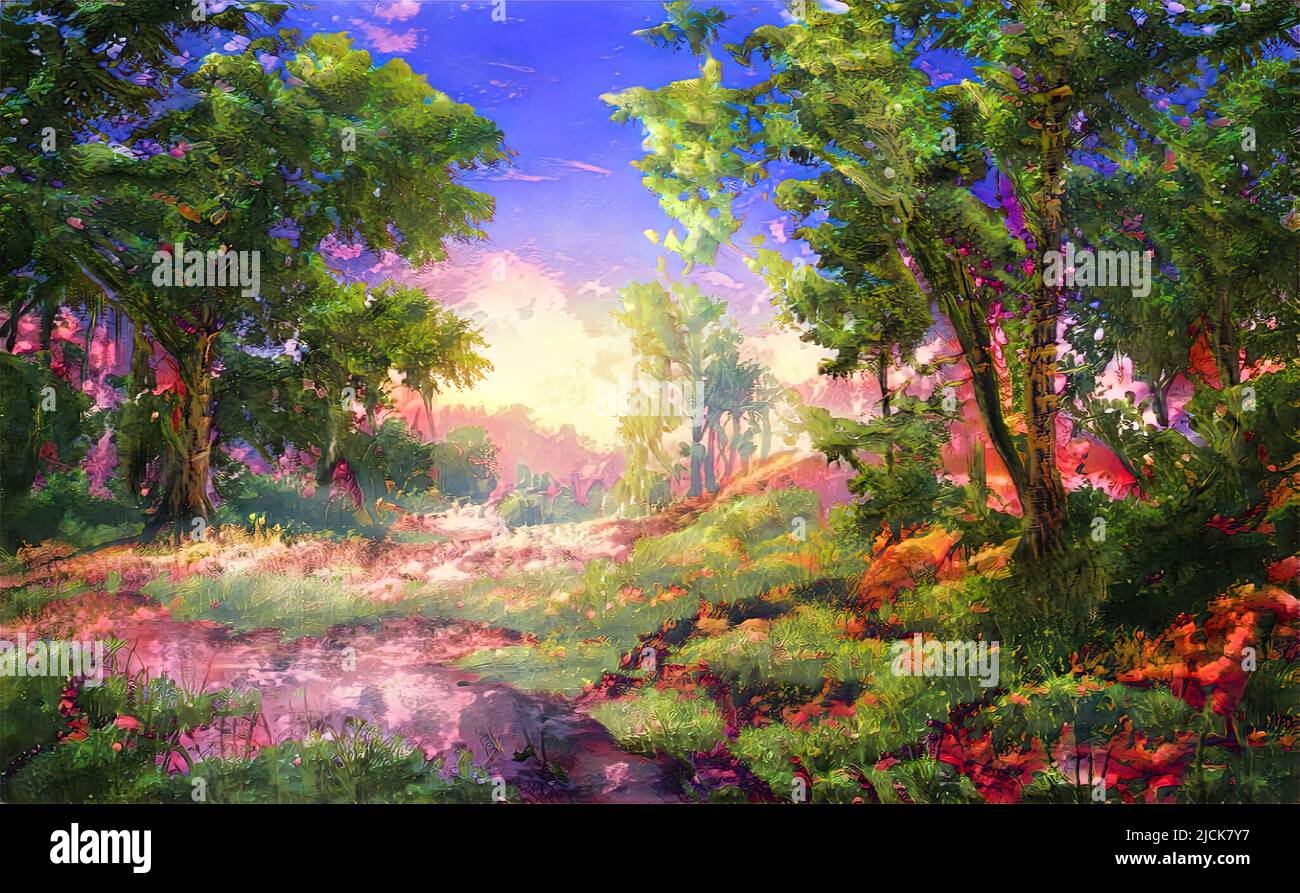 Farbenfroher magischer Fantasiewald mit Bäumen und vielen Blumen am Tag Stockfoto