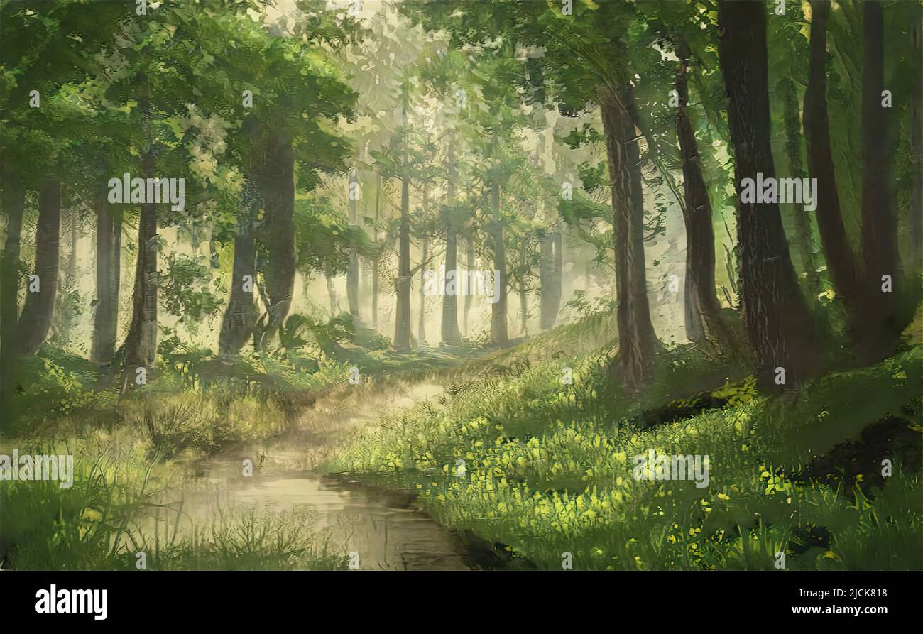 Fantasy-Landschaft mit einem kleinen Pfad in grünen Wald mit Bäumen Stockfoto