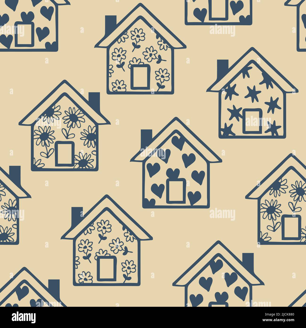 Nahtloses Vektor-Muster mit blauen Häusern auf rosa Hintergrund. Einfache Familie zu Hause Tapete Design. Happy Village Mode Textil. Stock Vektor