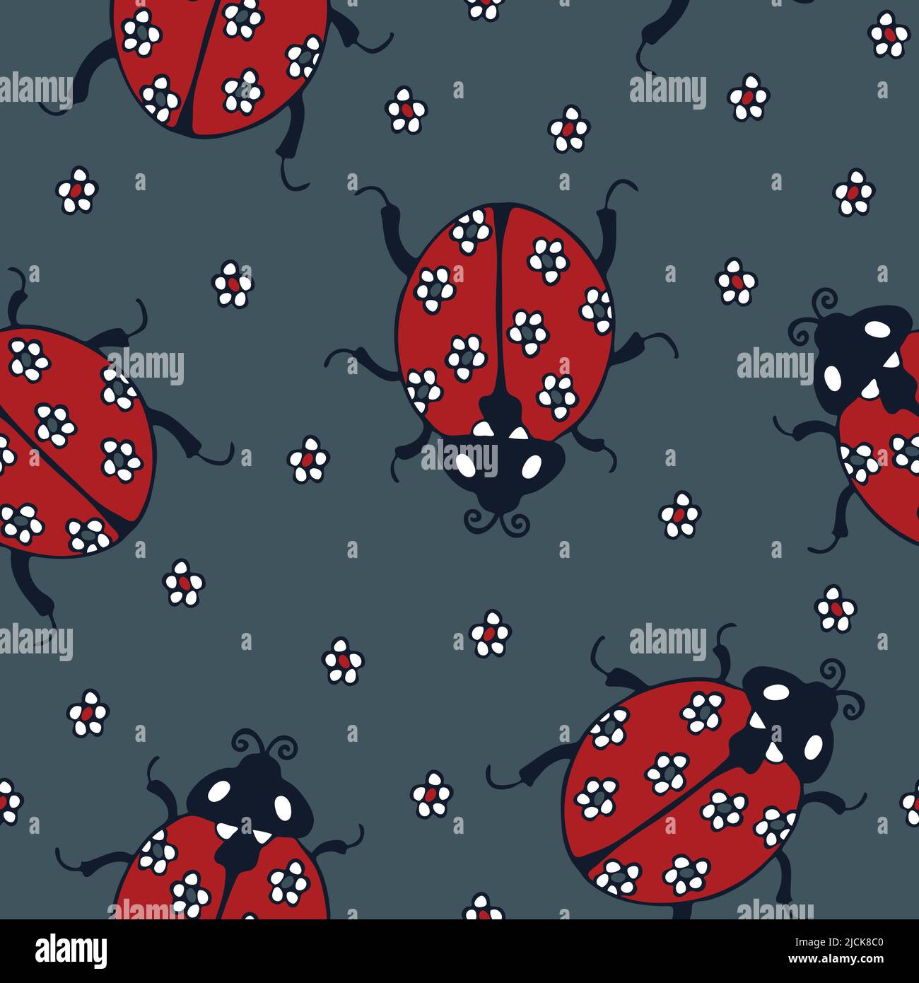 Nahtloses Vektor-Muster mit niedlichen Marienkäfer auf dunkelblauem Hintergrund. Einfache Marienkäfer Tapete Design. Stock Vektor