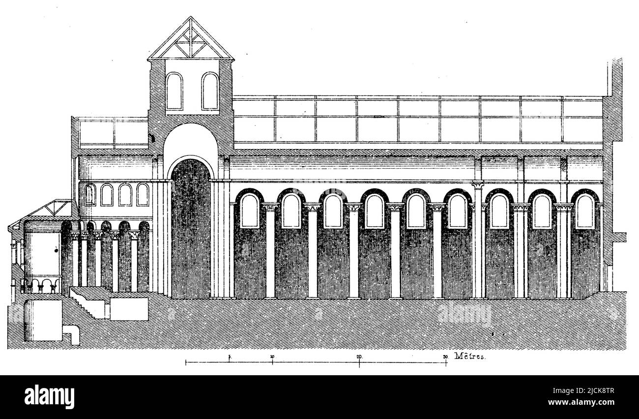 Abbey Church of Saint-Savin-sur-Gartempe, France, logitudinal cut, , (Bilderbuch, ), Abteikirche von Saint-Savin, Frankreich, Längendurchschnitt, abbaye de Saint-Savin-sur-Gartempe, Frankreich, Coupe en longueur Stockfoto