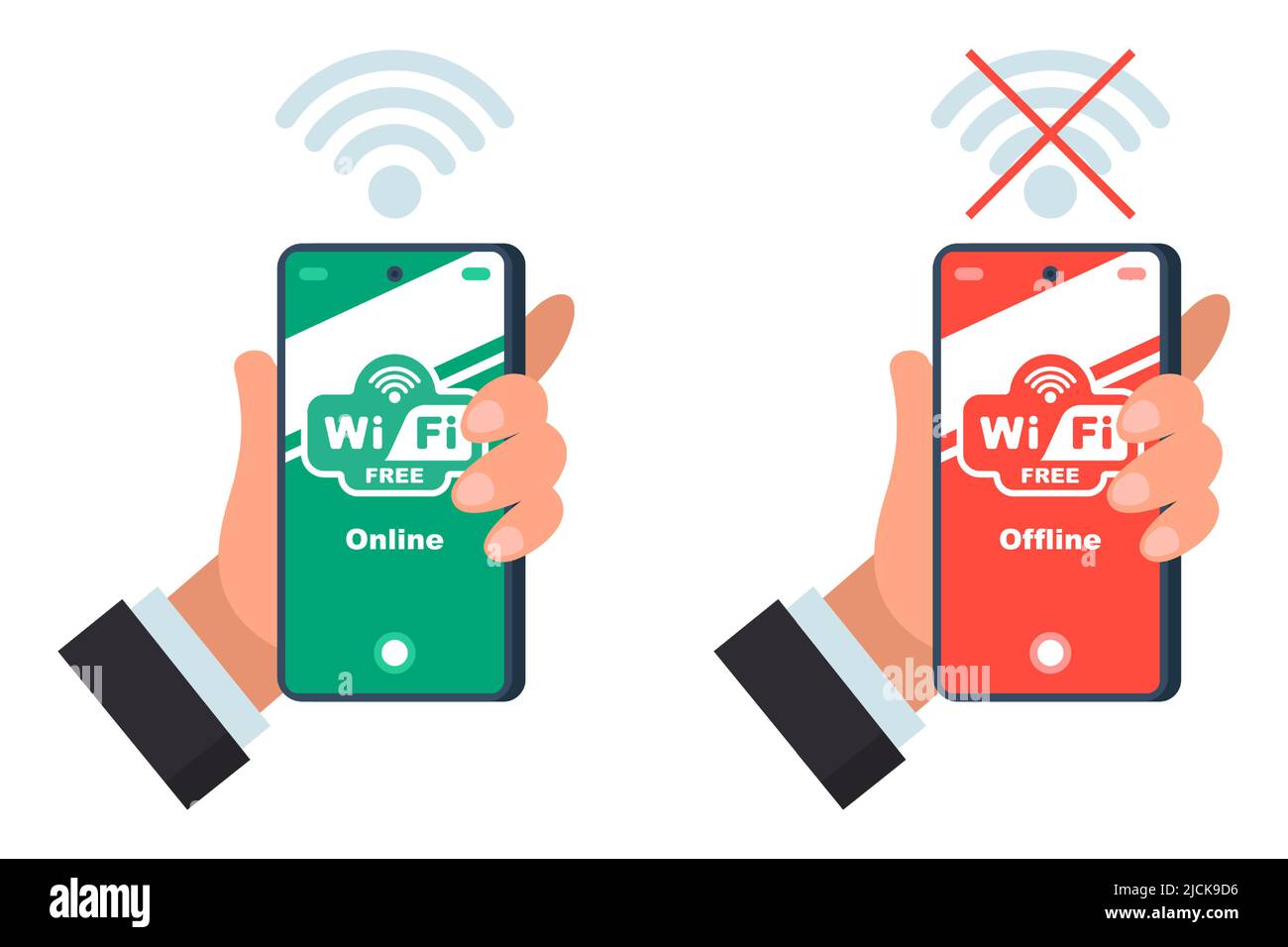 Telefon ist mit WiFi verbunden. Ohne Internetzugang. Kostenloses Internet im Café. Flache Vektorgrafik. Stock Vektor