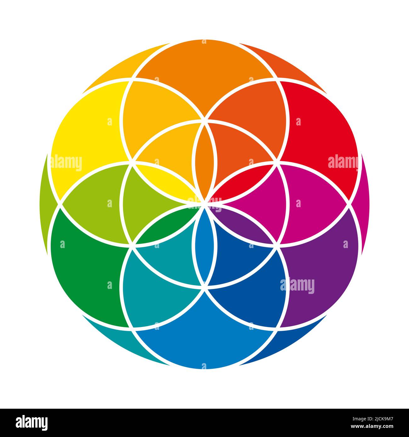 Regenbogenfarbener Samen des Lebens mit Schutzmantel, auf weißem Hintergrund. Geometrische Figur, spirituelles Symbol und Heilige Geometrie. Stockfoto