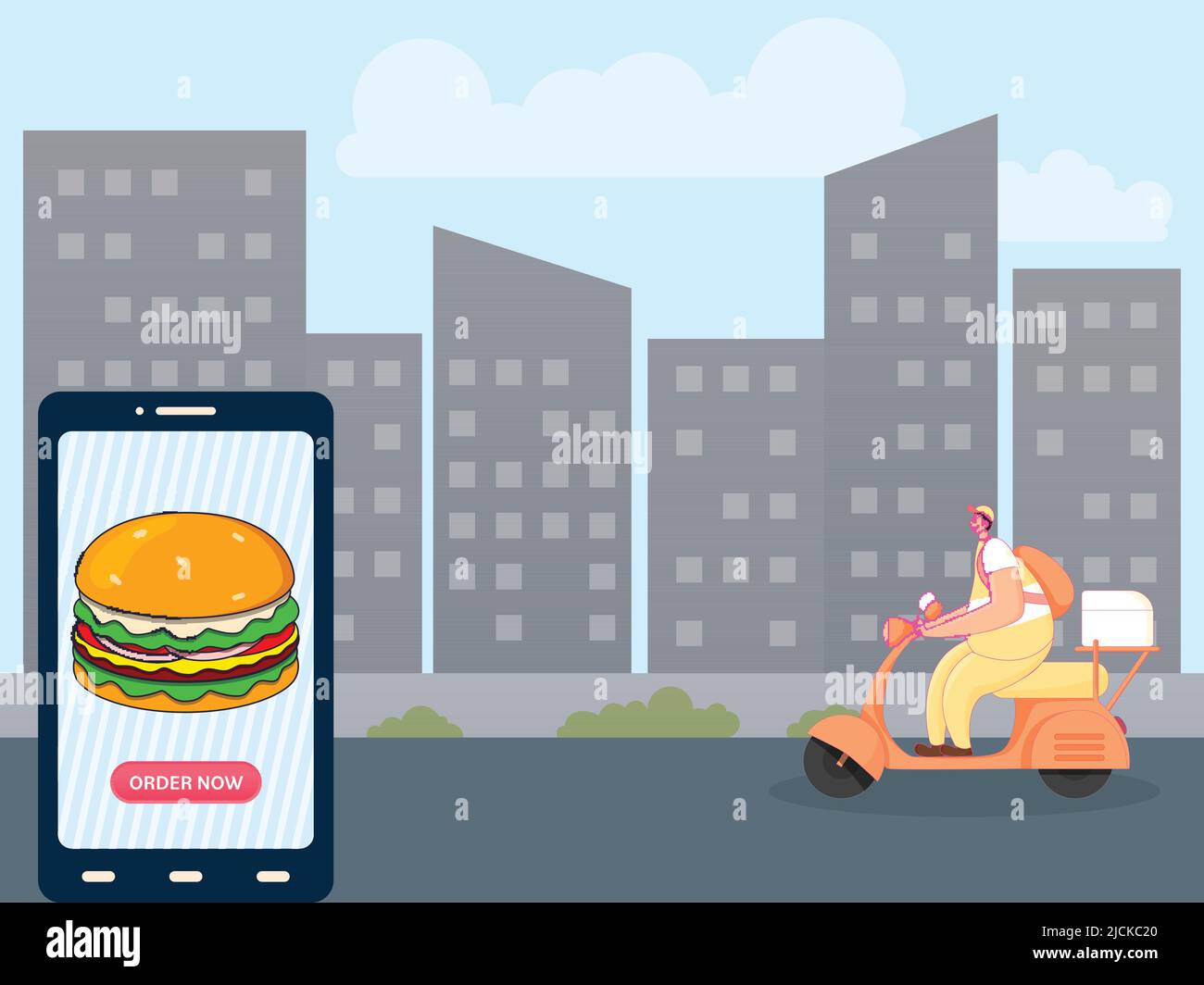 Online Food Ordering App In Smartphone Mit Lieferung Man Riding Scooter Auf Blauem Und Grauem Gebäude Hintergrund. Stock Vektor