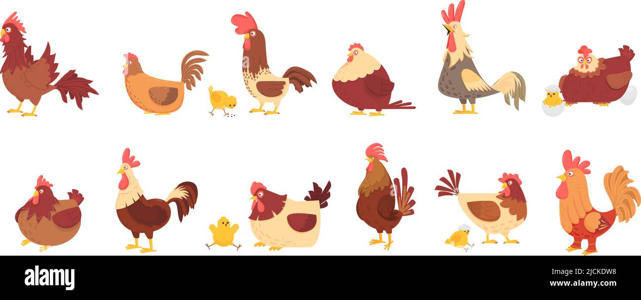 Hühnerset. Frühlingshühner und Henne mit Ei, Cartoon Hahn. Geflügel isoliert, Bauernhof Hausvögel. Ostern, rustikaler Lebensstil, anständiger Vektor Stock Vektor