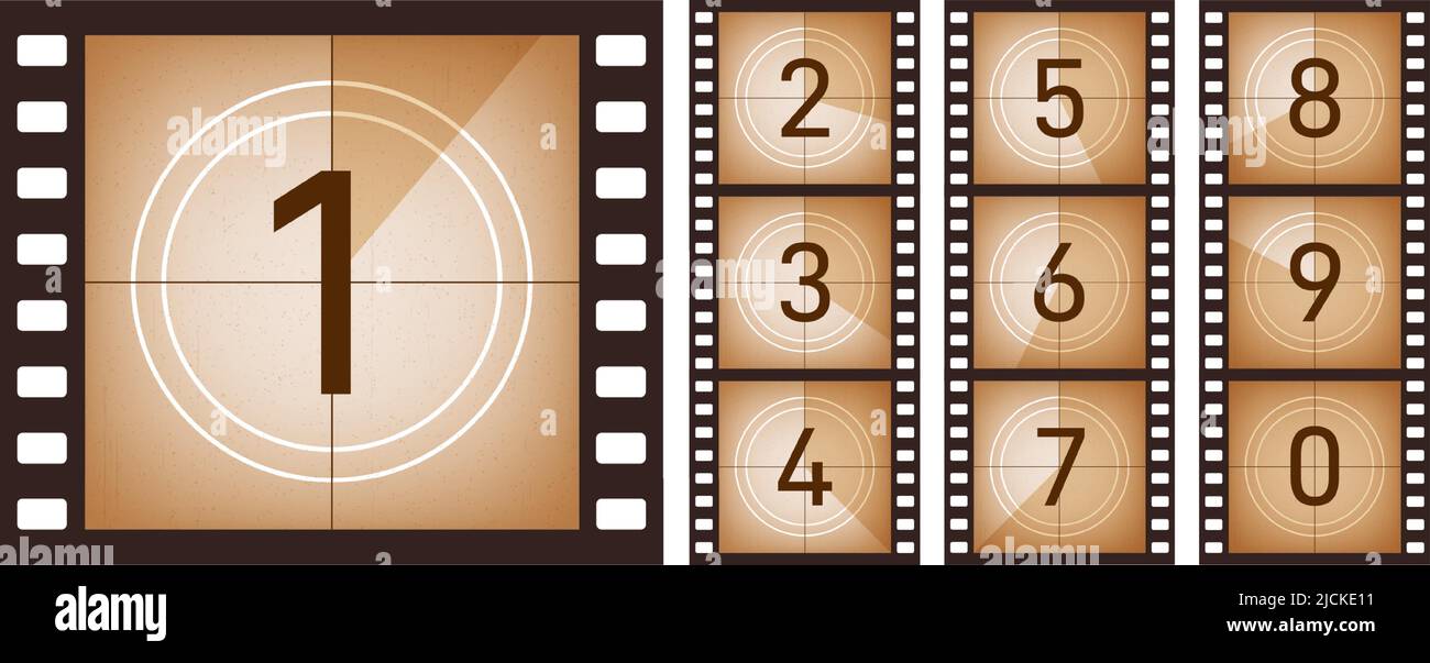 Countdown für den Film. Kinoleinwand alter Film, abstrakte Zahlenrahmen für Start- oder Endband. TV-Streifen, Retro-hollywood-Kinematographie, Animation genau Stock Vektor