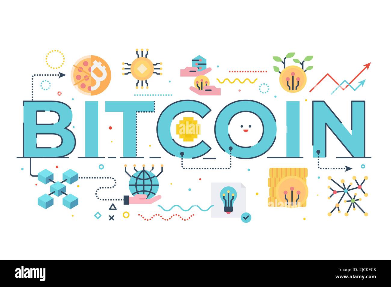 Bitcoin-Wortbeschriftung mit Symbolen für Webbanner, Flyer, Landing Page, Präsentation, Buchcover, Artikel usw. Stock Vektor