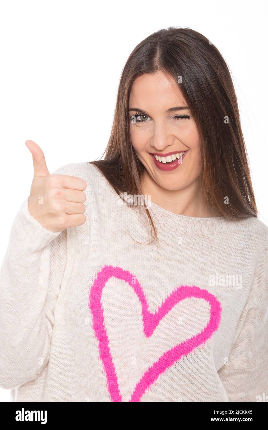 Fröhliche Frau tut ok Zeichen - Stock Foto Stockfoto