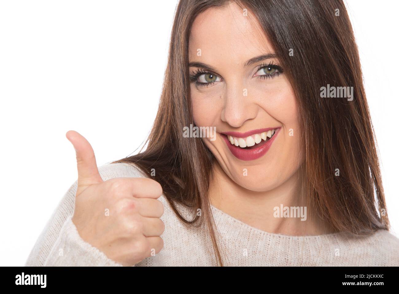 Fröhliche Frau tut ok Zeichen - Stock Foto Stockfoto