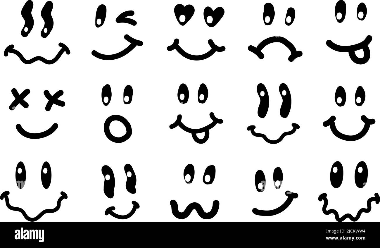 Y2K Smile Vintage Illustration. Retro Psychedelic Melt Smile Face Logo. Tropfendes Lächeln. Gut gelaunt. Positiver Emoji-Aufkleber. Vector groovy Emoji Gesicht. Gesichtssymbol. Stock Vektor