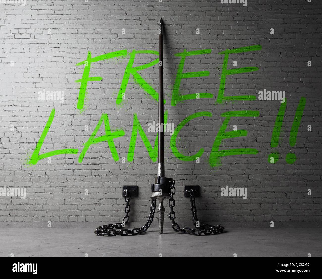 Ein Wortspiel-Konzept, das eine aufstehende mittelalterliche Holzlanze zeigt, die an eine isolierte Ziegelwand gefesselt ist, mit Protestgraffiti, die zur Befreiung der Lanze aufrufen Stockfoto