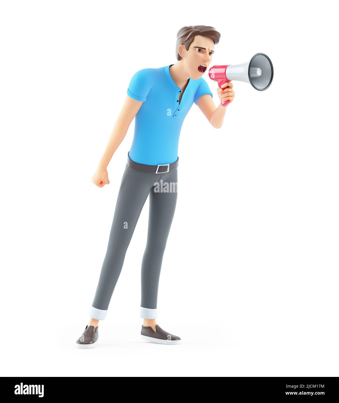 3D Mann schreit durch das Megaphon, Illustration isoliert auf weißem Hintergrund Stockfoto