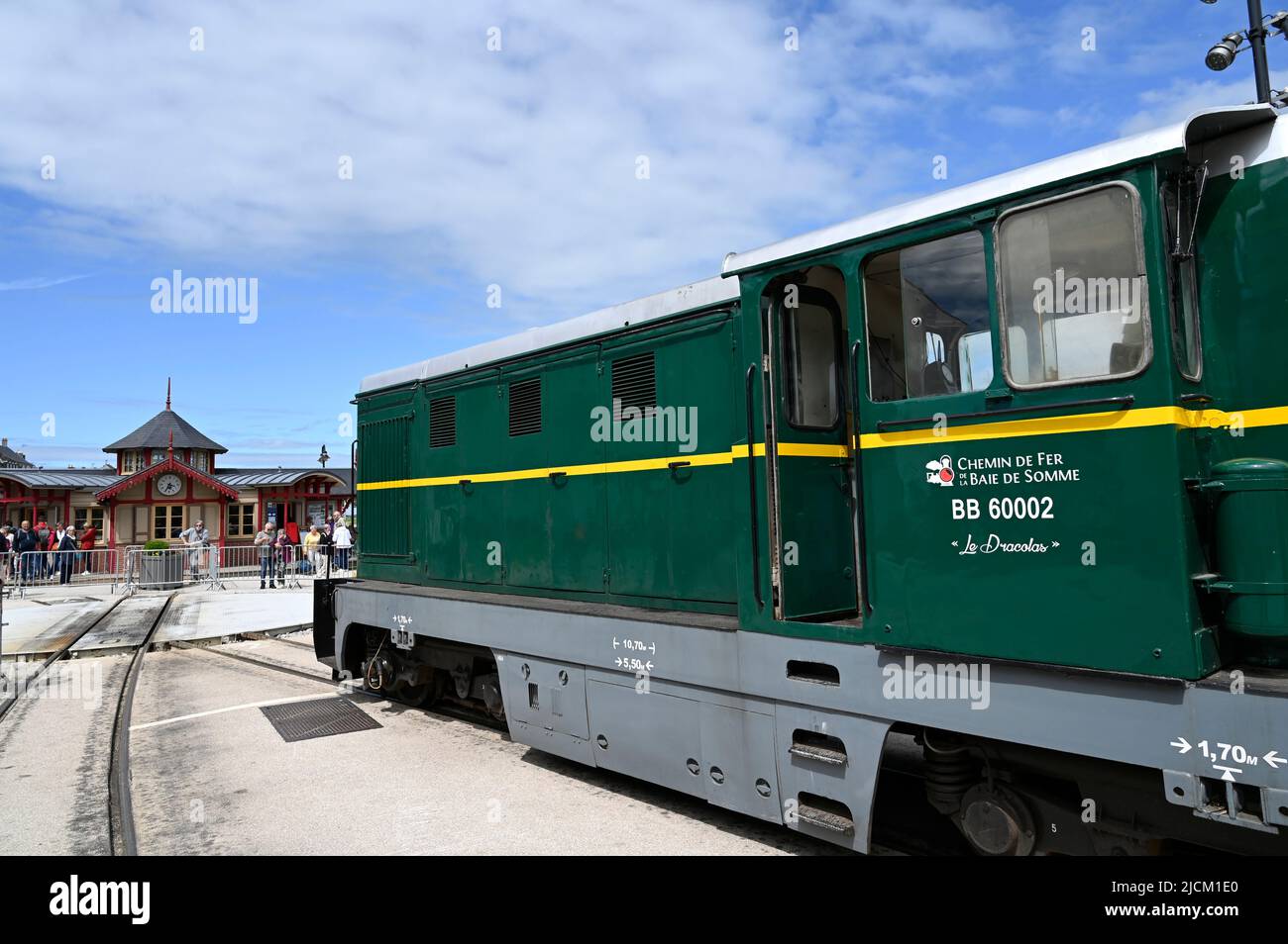 Lokomotive der Museumsbahn Chemin de Fer de la Baie de Somme in Saint-Valery-sur-Somme, Picardie, Frankreich Stockfoto