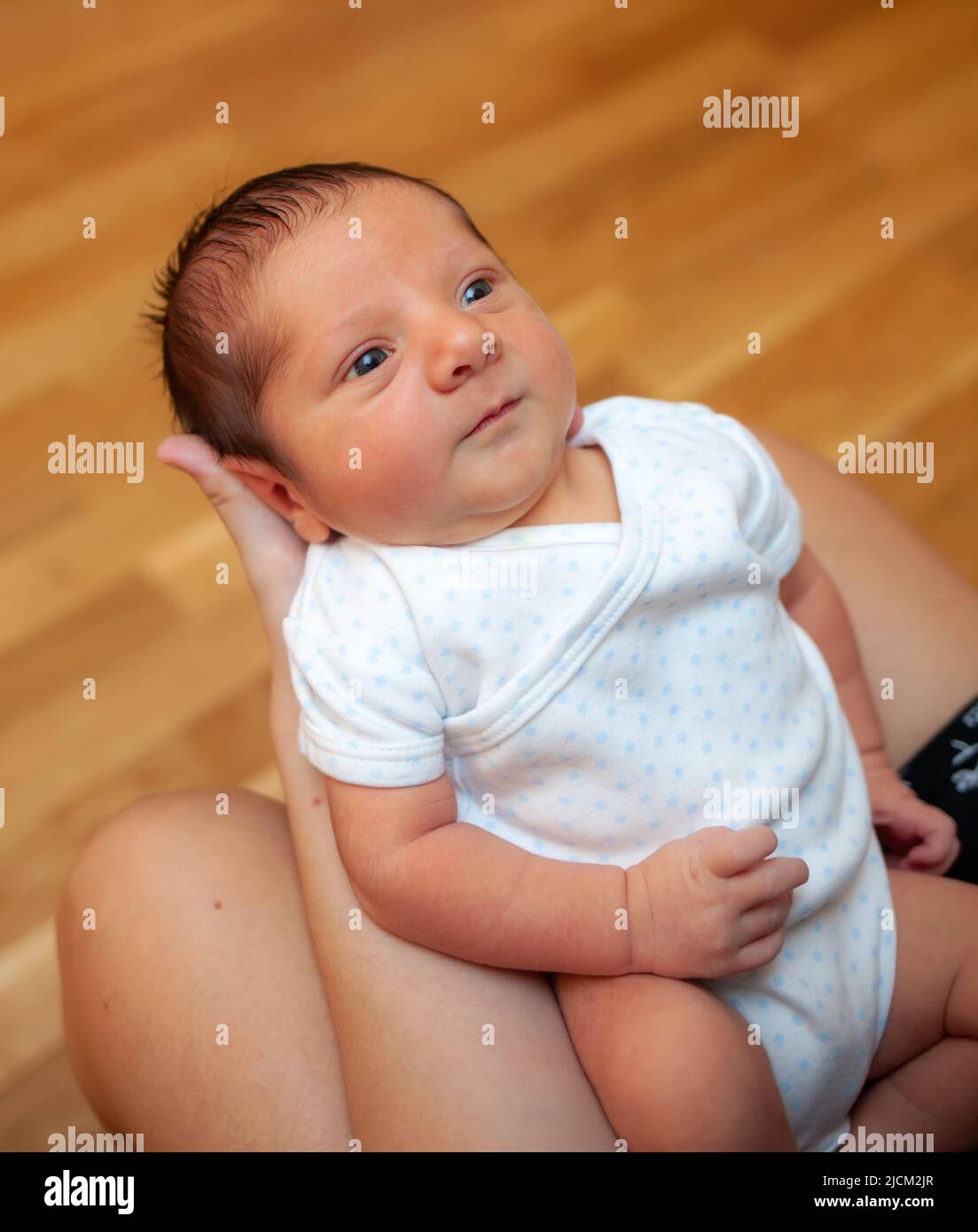 Ein paar Tage altes Baby blickt neugierig auf das Gesicht seiner Mutter. Pädiatrisches Sehkonzept. Stockfoto