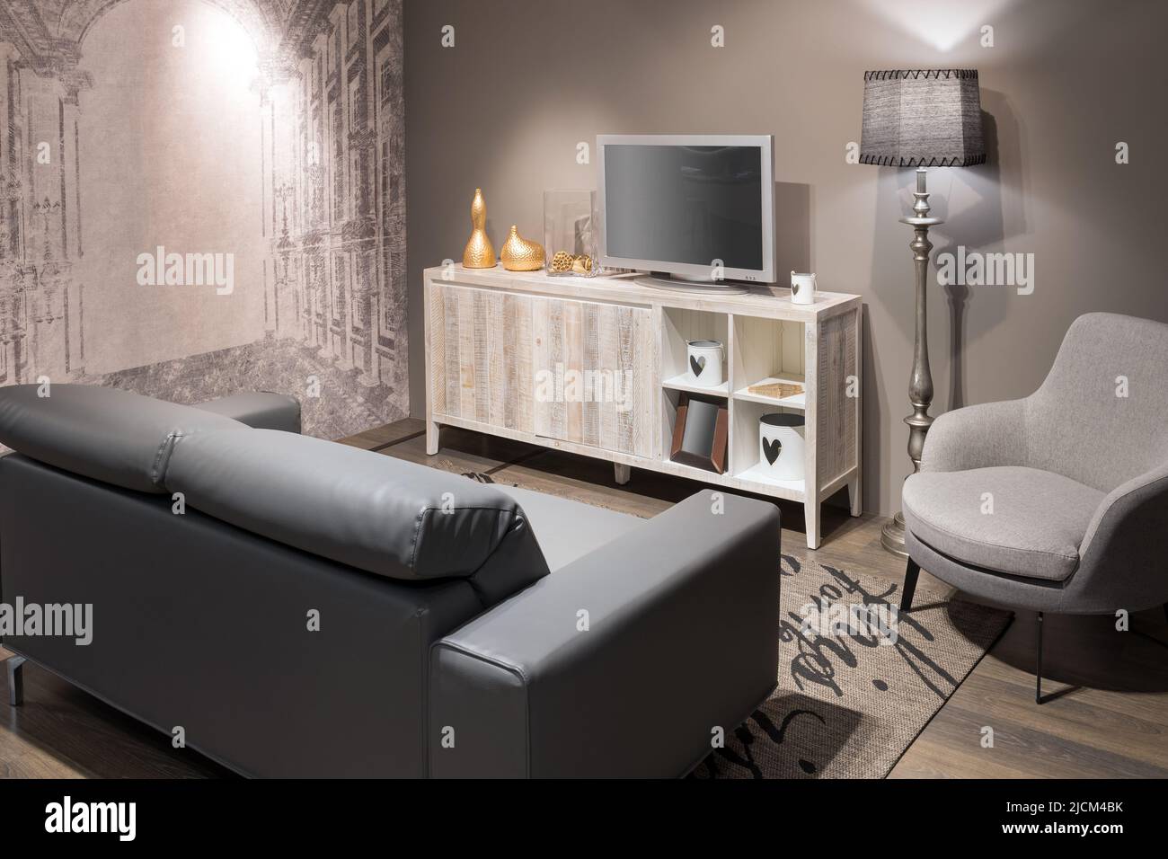 Bequemes Sofa und Sessel in der Nähe von Lampe und Schrank mit Dekorationen und TV im stilvollen kleinen Wohnzimmer zu Hause platziert Stockfoto