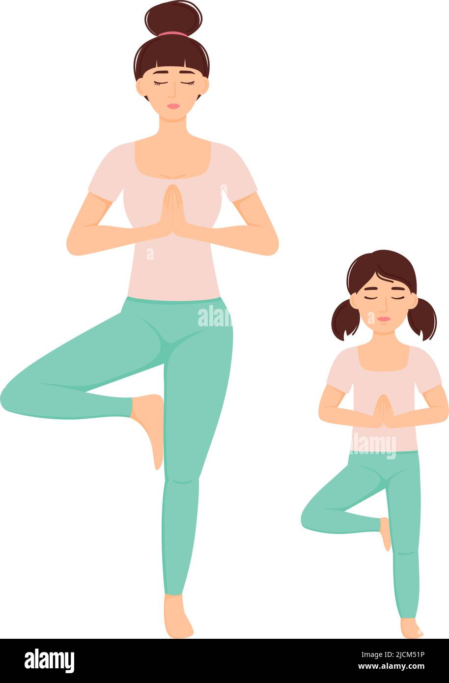 Junge Mutter mit Tochter, die Yoga-Übungen macht, Baumpose. Mutterschaft Konzept. Familien-Yoga, Vektorgrafik Stock Vektor