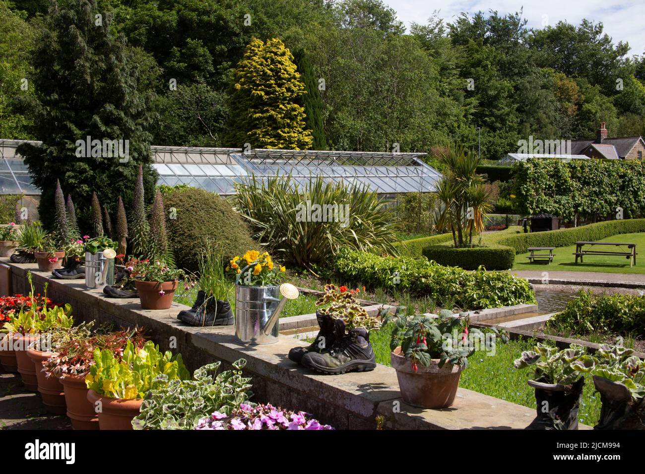 Das Gewächshaus und der formelle Garten im Botanischen Garten der Durham University, England Stockfoto