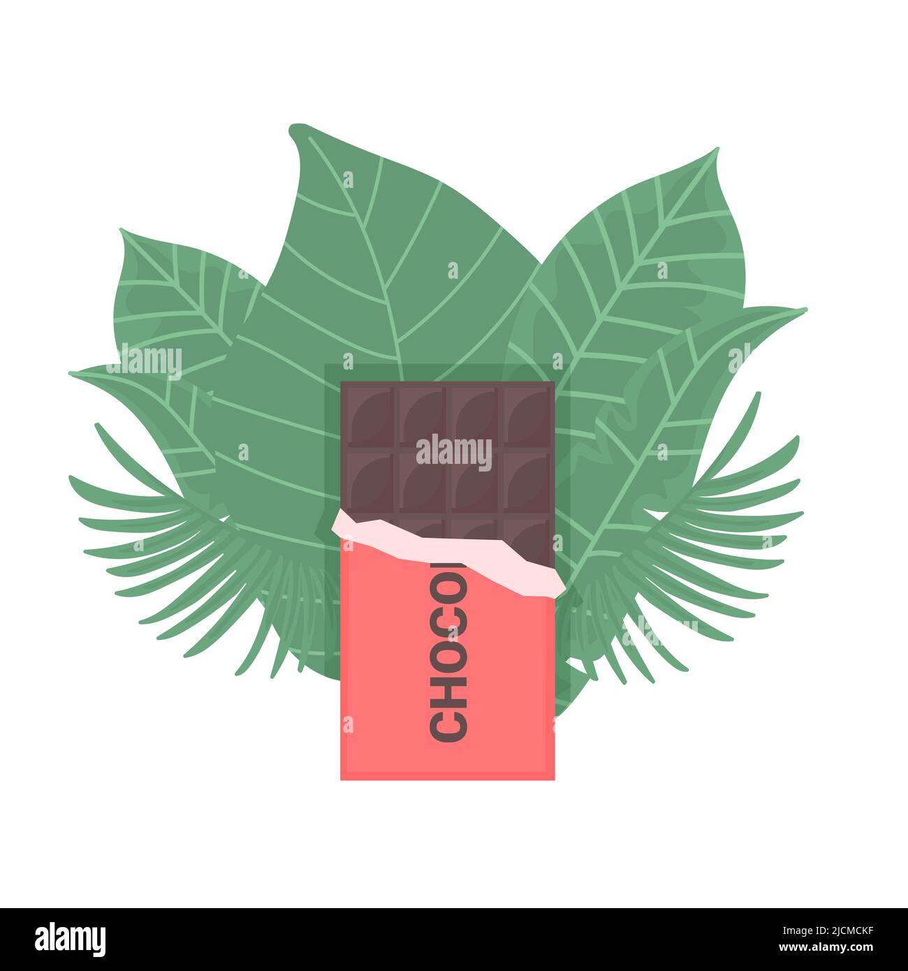 Schokoladenriegel zwischen grünen Blättern. Geöffnete Packung Schokolade. Isolierte Vektorgrafik auf weißem Hintergrund in flachem Stil Stock Vektor