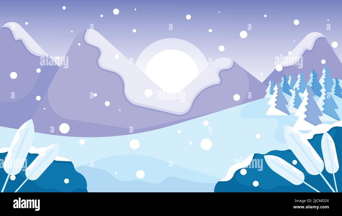 Schneefall-Szene mit Bergen, Pinien und untergehenden Sonne. Winter Natur Landschaft Vektorgrafik Stock Vektor