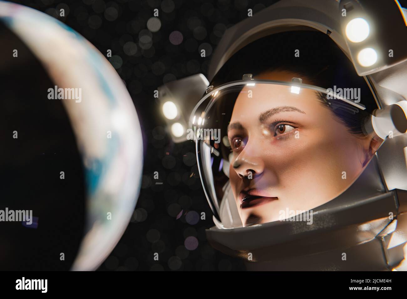 3D Darstellung einer konzentrierten jungen Astronautin in einem modernen grauen Raumanzug mit Blick auf den Planeten während der Weltraumexpedition Stockfoto