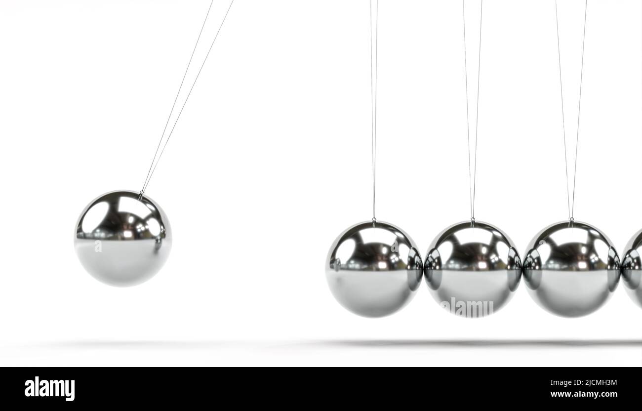 NEWTON'S PENDEL AUS REFLEKTIERENDEM METALL. 3D RENDERN Stockfoto