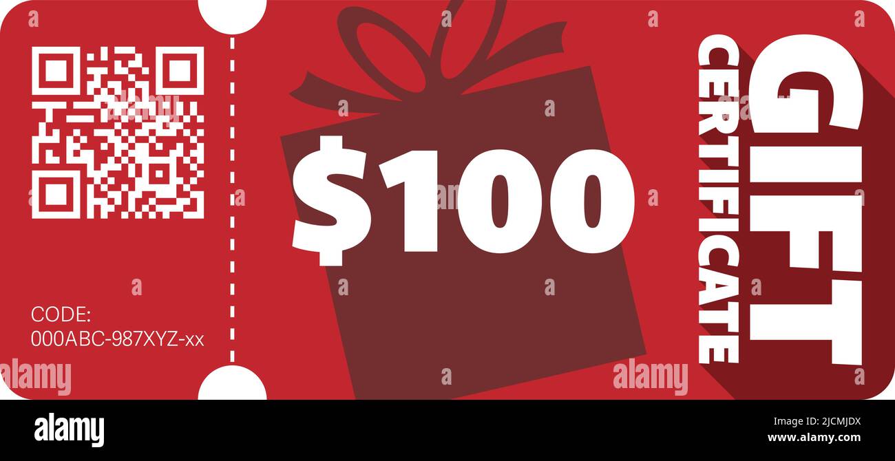 Rote 100 Dollar Geschenkgutschein Vorlage isoliert auf weiß, Geschenk-Gutschein-Vektor-Illustration Stock Vektor