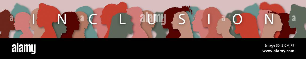 Wort – Einbeziehung. Silhouette Profil Gruppe von Männern und Frauen unterschiedlicher Kultur und verschiedener Länder. Vielfalt multiethnischer Menschen. Stockfoto