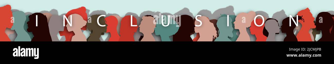 Wort – Einbeziehung. Silhouette Profil Gruppe von Männern und Frauen unterschiedlicher Kultur und verschiedener Länder. Vielfalt multiethnischer Menschen. Stockfoto