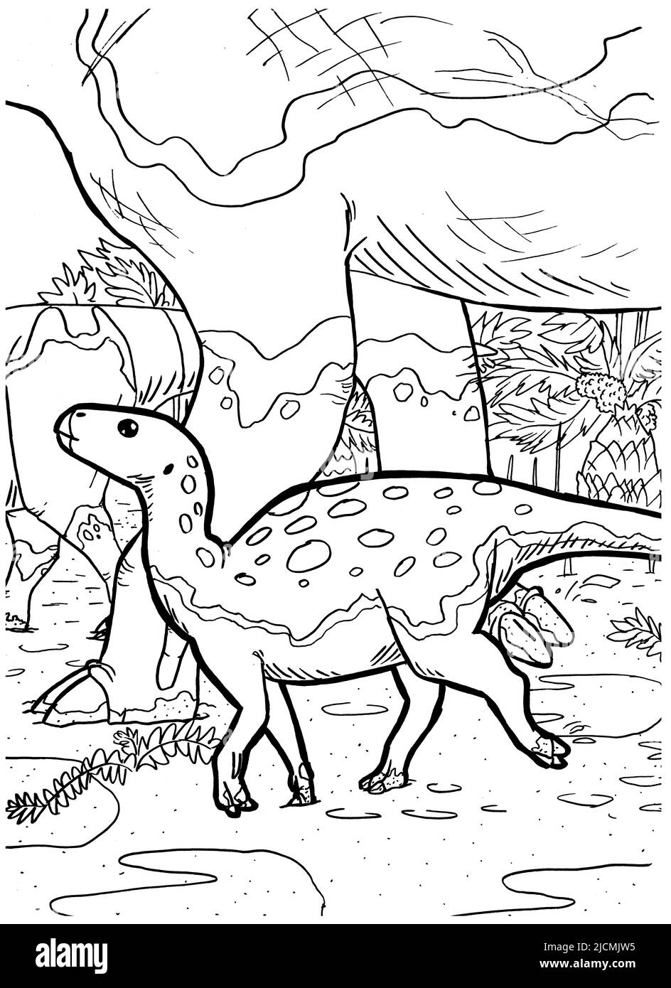 Schwarz-Weiß-Malseite Tinte Illustration eines Dinosauriers. Stockfoto