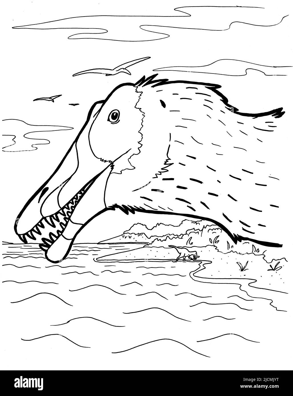 Schwarz-Weiß-Malseite Tinte Illustration eines Dinosauriers. Stockfoto